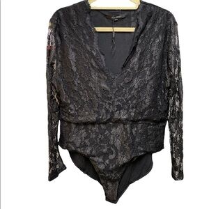 Kissmilk bodysuit lace w/lining deep cut neckline sheer lace sleeves Sz 16 NWOT